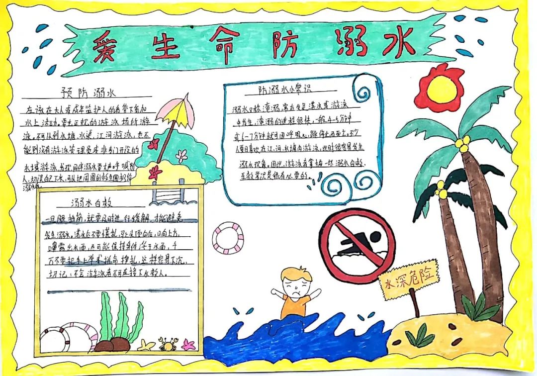 步骤7：学习防溺水的知识格外重要，我通过图画的方式，能够让同学更有兴趣地直观了解到防溺水的重要性。水是温柔的，它能让万物生长，它能供我们饮用。同时水也是凶猛的，夏天烈日炎炎，有些小朋友纷纷跑到无安全保护的地方去游泳，比如：湖边、河边、水库边。这些地方水面看似风平浪静，可是一不小心就会让人失去宝贵的生命。所以我们游泳要在正规合格的游泳馆里。