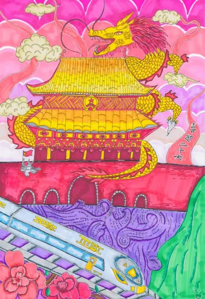 4张漂亮的竖版“复兴强国有我 喜迎二十大”绘画作品-图4