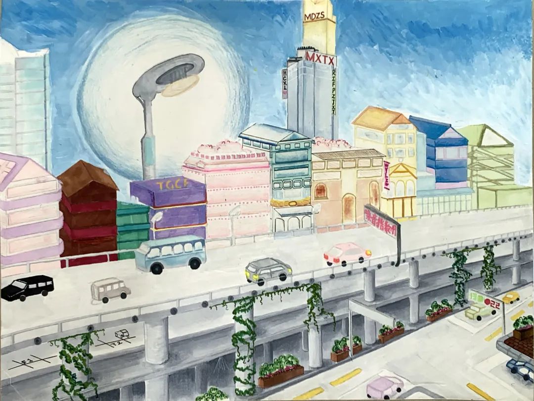 声能转电路灯桥体 科幻画一等奖手抄报