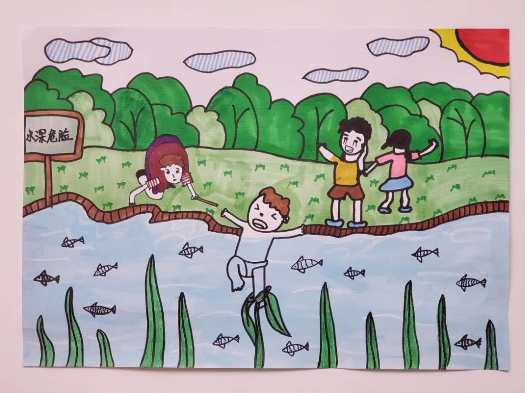 安全教育主题防溺水儿童画优秀作品-图4