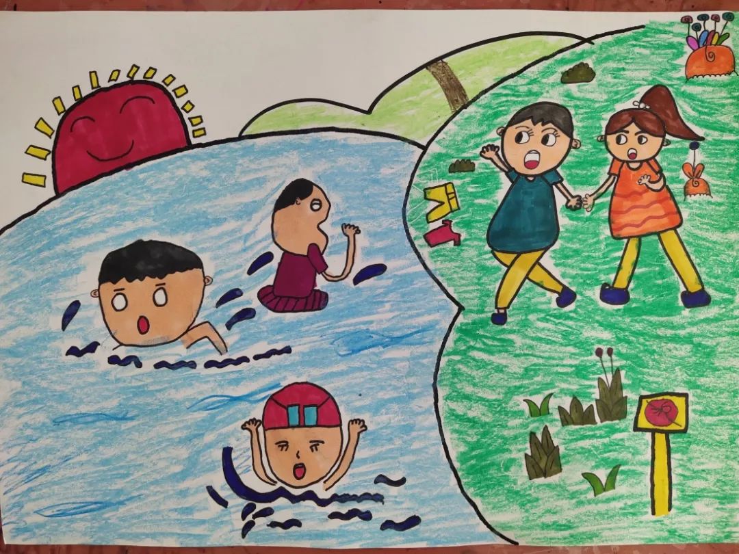 简单漂亮的幼儿园小朋友防溺水主题绘画作品-图3