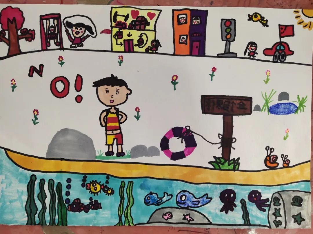 简单漂亮的幼儿园小朋友防溺水主题绘画作品-图5