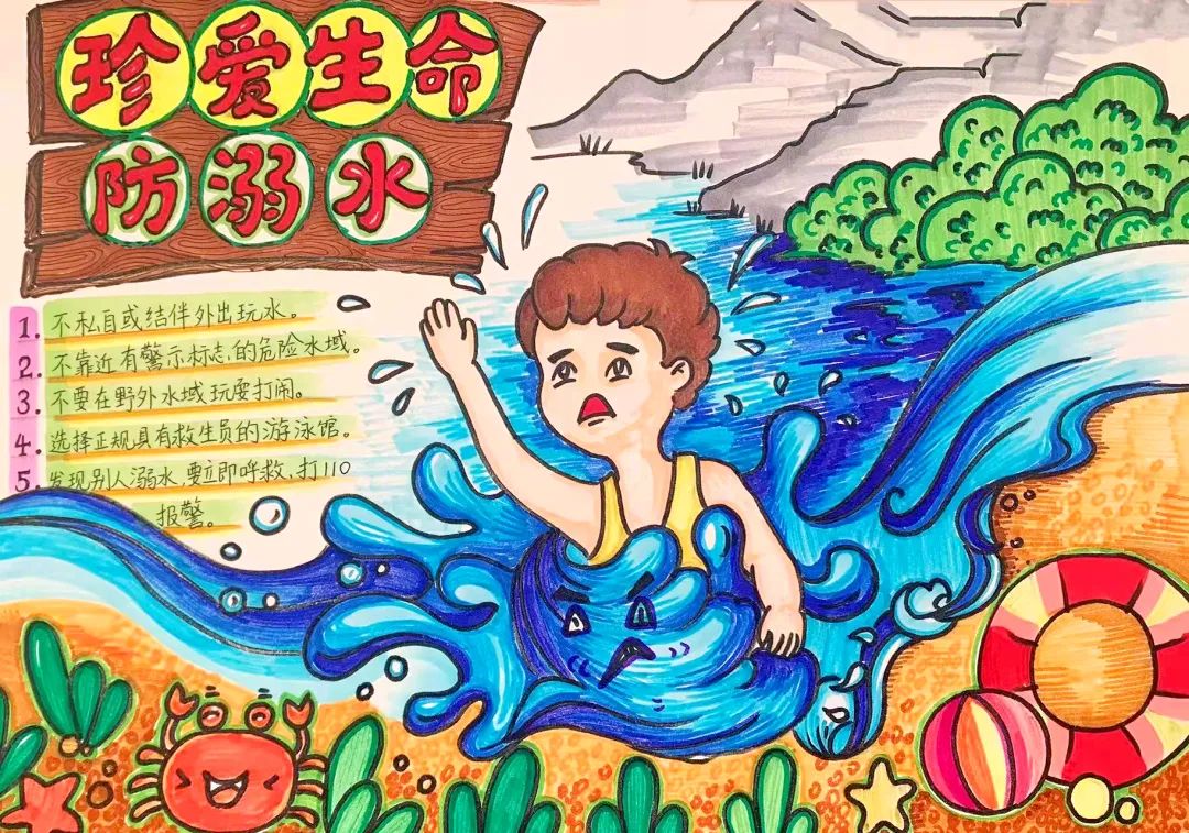 小学生珍爱生命预防溺水绘画简单好看-图1