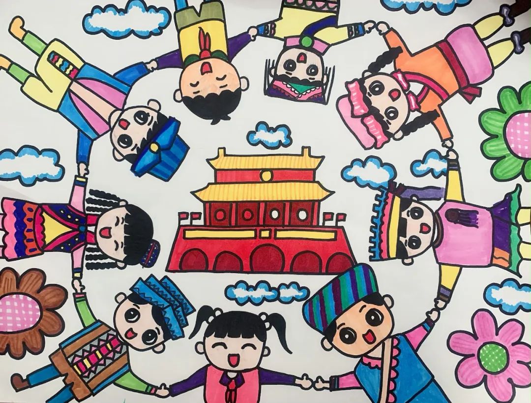 “童心稚手绘画卷 民族团结一家亲”儿童画作品-图1