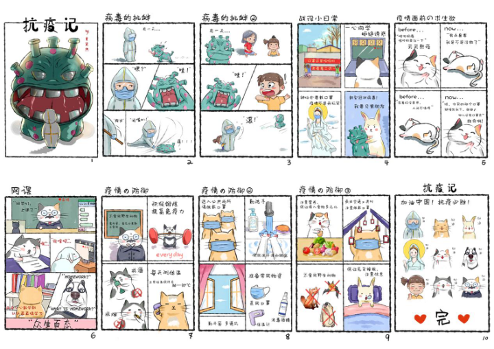 步骤3：《抗疫记》作品简介：  无论是奋战在一线的医护人员，还是我们当代研究生青年，在防疫期间，依旧展露出自信乐观，爽朗的笑颜，以及面对困难勇敢面对的精神态度。花飘来的方向象征着希望的到来，待疫情过后，一定会拨云见日樱花开。