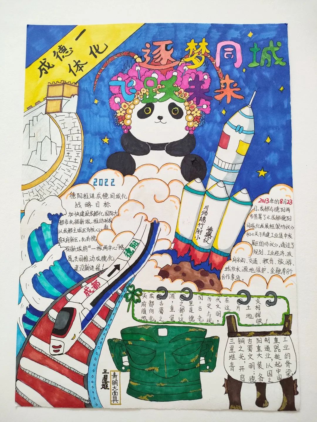 步骤5：评委点评：采用竖式排版形式特别，画面色彩突出、绘制精美、装饰性强。若文字再多一些，手抄报的可读性就更强了。