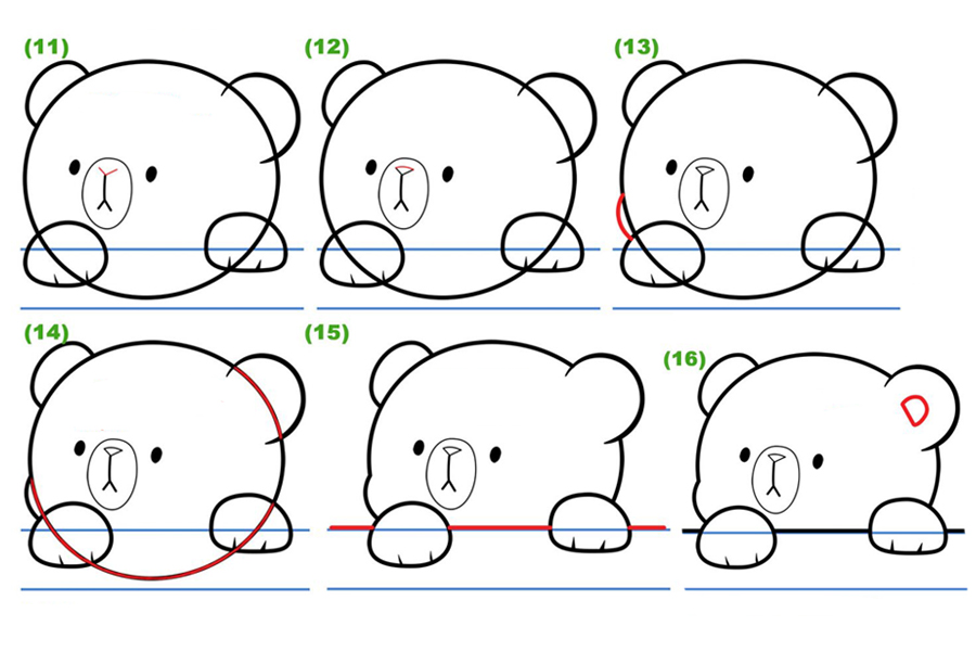 趴着凝视的可爱小棕熊简笔画画法步骤-图3