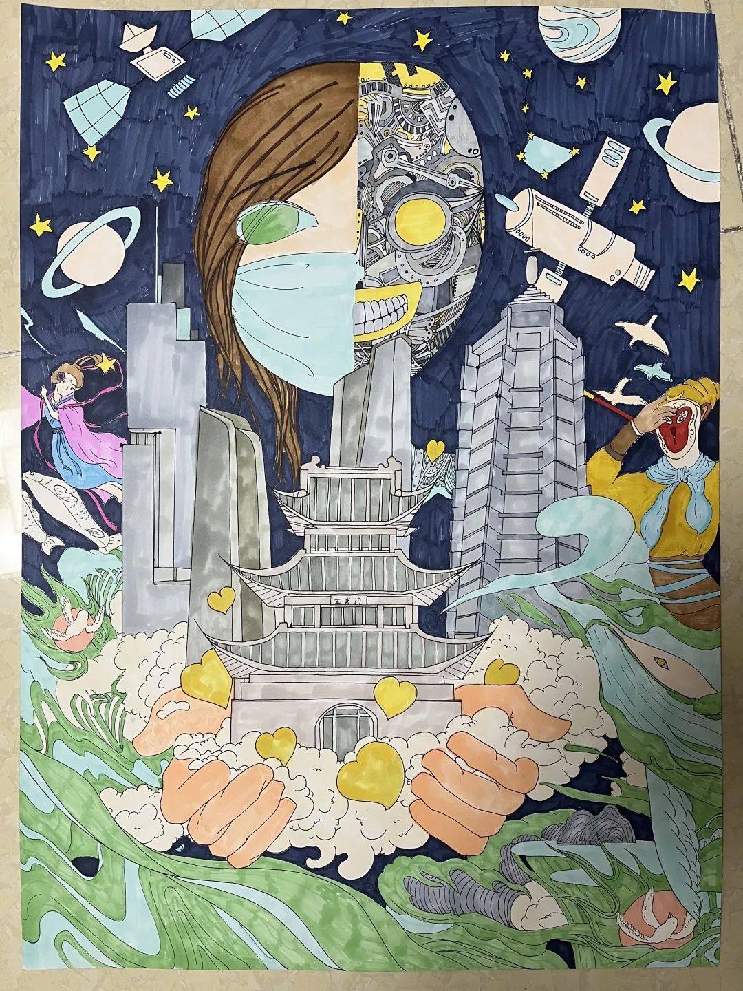 “谈古论今 对画未来”主题绘画三等奖作品：《梦中那片星空》