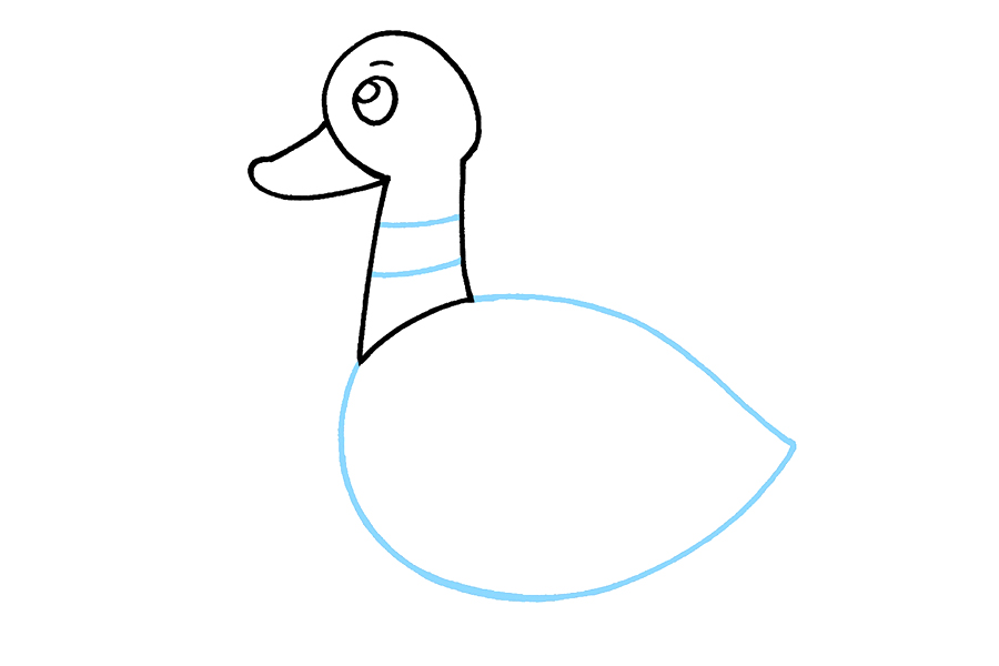 步骤4：画出鸭子的身体，它应该是左边圆的，右边是尖的。除了身体，你还需要在鸭子的脖子上画一条条纹。
