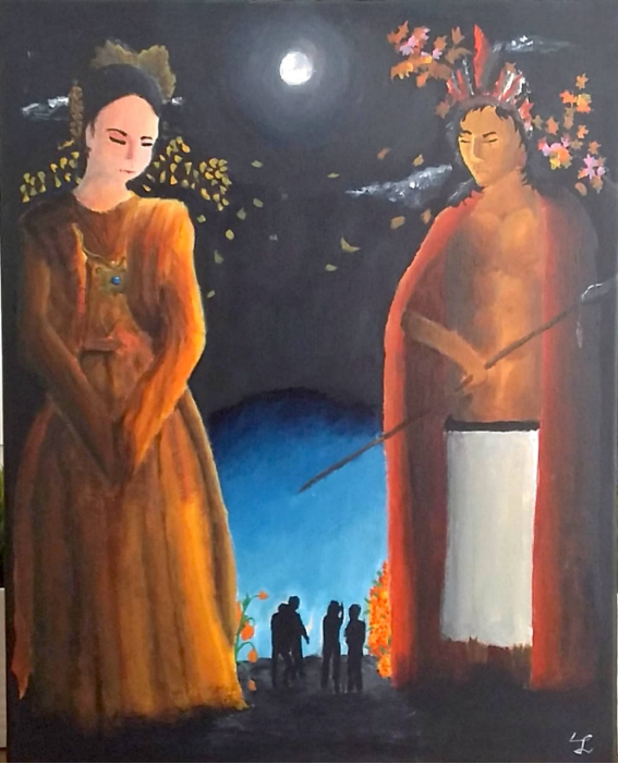 步骤5：学生曾梅峰（Lya）的作品《守望》，表达了中国的月亮与多米尼加原住民互相守望的主题。