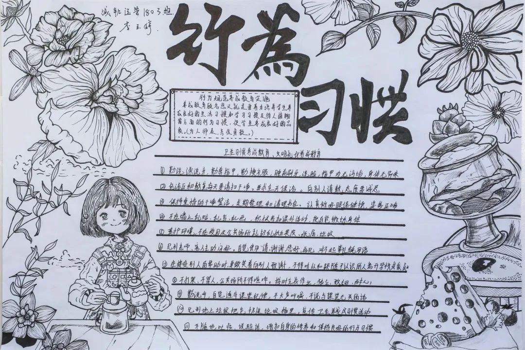 争做文明好学生 践行456主题手抄报 （黑白版）-图1