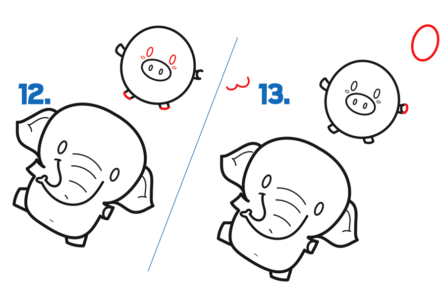 拿着猪气球的可爱大象简笔画画法步骤-图5