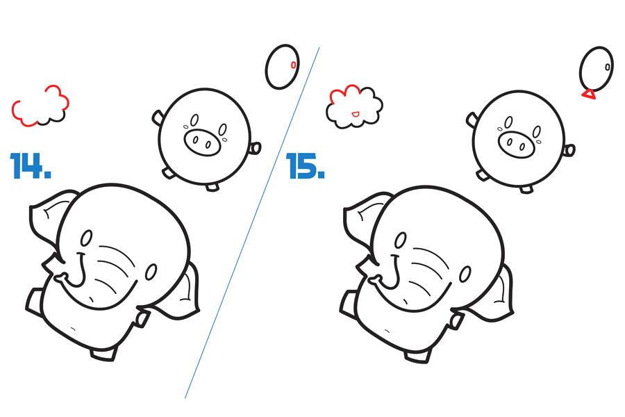 拿着猪气球的可爱大象简笔画画法步骤-图6