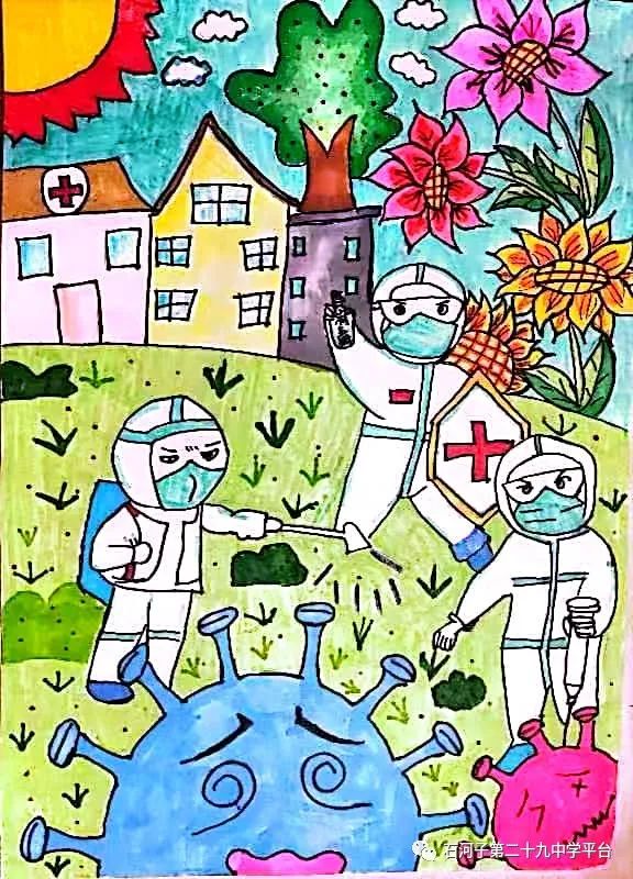 “众志成城 勇敢逆行 抗疫必胜”儿童画简单好看图片5张-图2