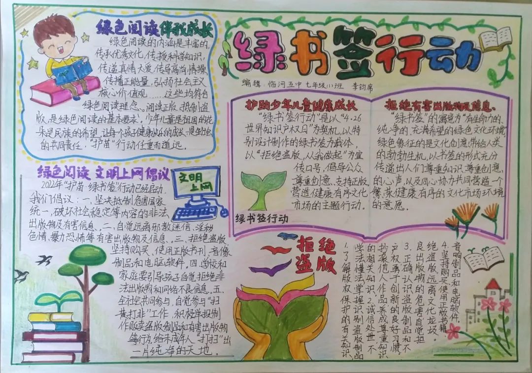 “绿色阅读文明上网 书香伴我健康成长”手抄报怎么画-图1