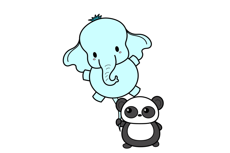 如何画一只拿着大象气球的可爱熊猫