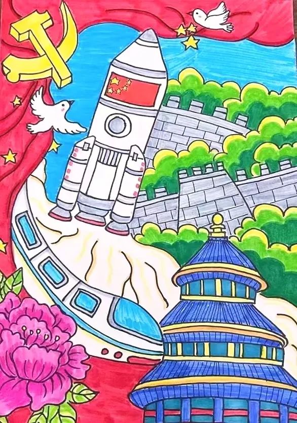 喜迎二十大 妙笔绘国庆 简单的喜迎二十大儿童画作品-图3
