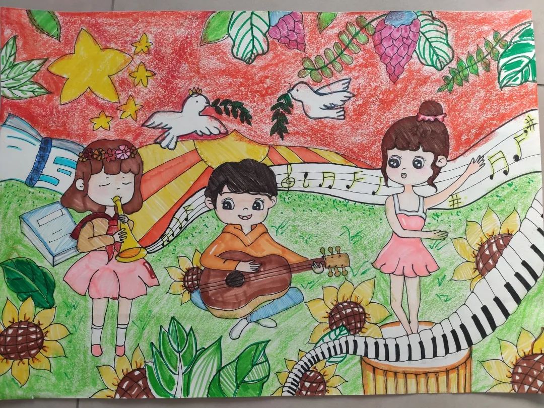 步骤5：《在阳光下成长》儿童画 ：成长就像在游乐园中嬉戏玩耍，坐着过山车体验刺激，在旋转木马上感受浪漫，到鬼怪屋中探索惊奇，开着碰碰车体验碰撞。游乐园中的时光会很累，但心情总是快乐的。成长，就是在阳光中快乐的游戏。让我们一起在阳光中快乐的游戏，快乐的成长吧！