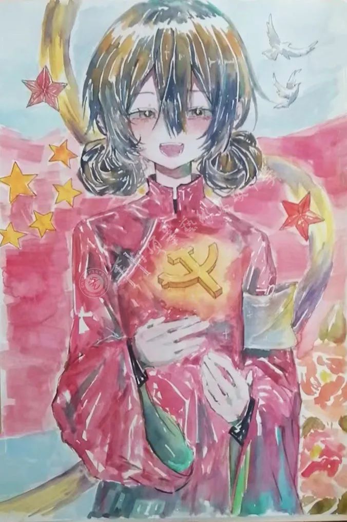 喜迎二十大，共度国庆节！高二年级优秀绘画作品-图3