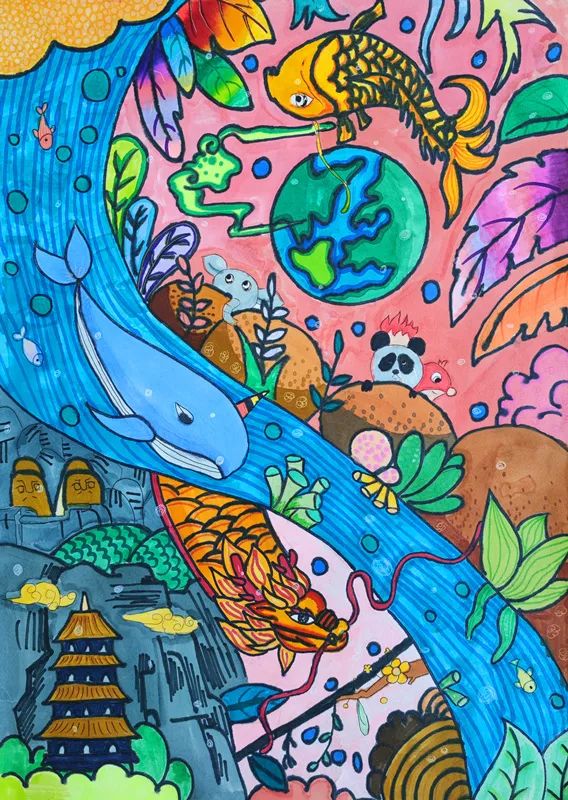 小学“童心喜迎二十大 科技助力绿色梦”儿童画作品-图3