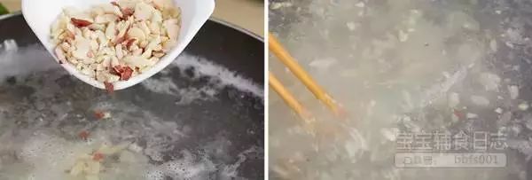 将大米清洗干净，锅中倒入适量水烧开，倒入大米和花生碎末搅拌均匀，煮至大米熟烂（大火煮沸后调小火炖煮）；