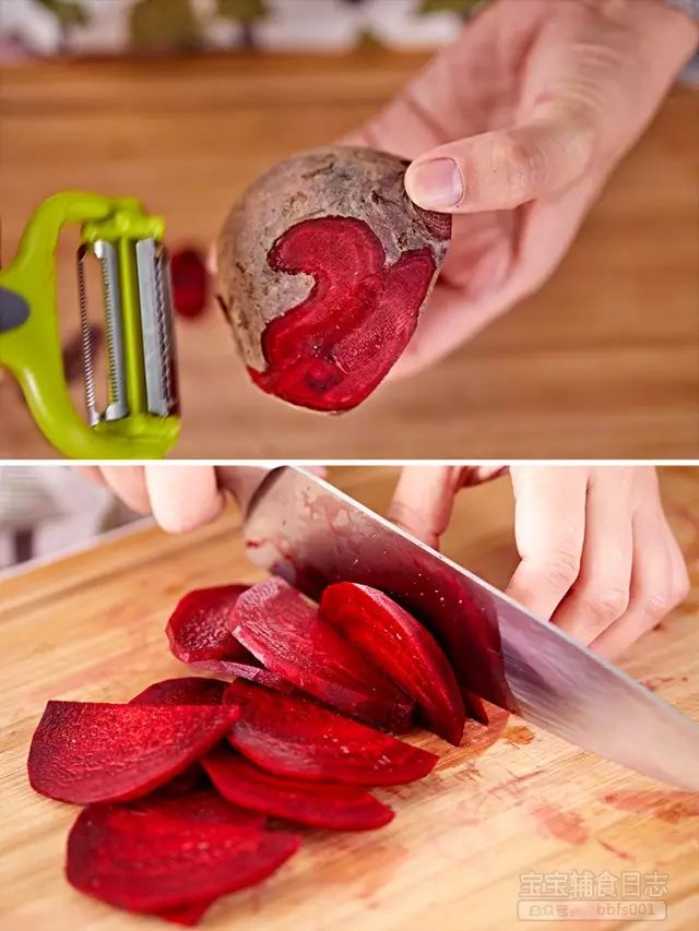 将甜菜洗净去皮，切成片状备用；