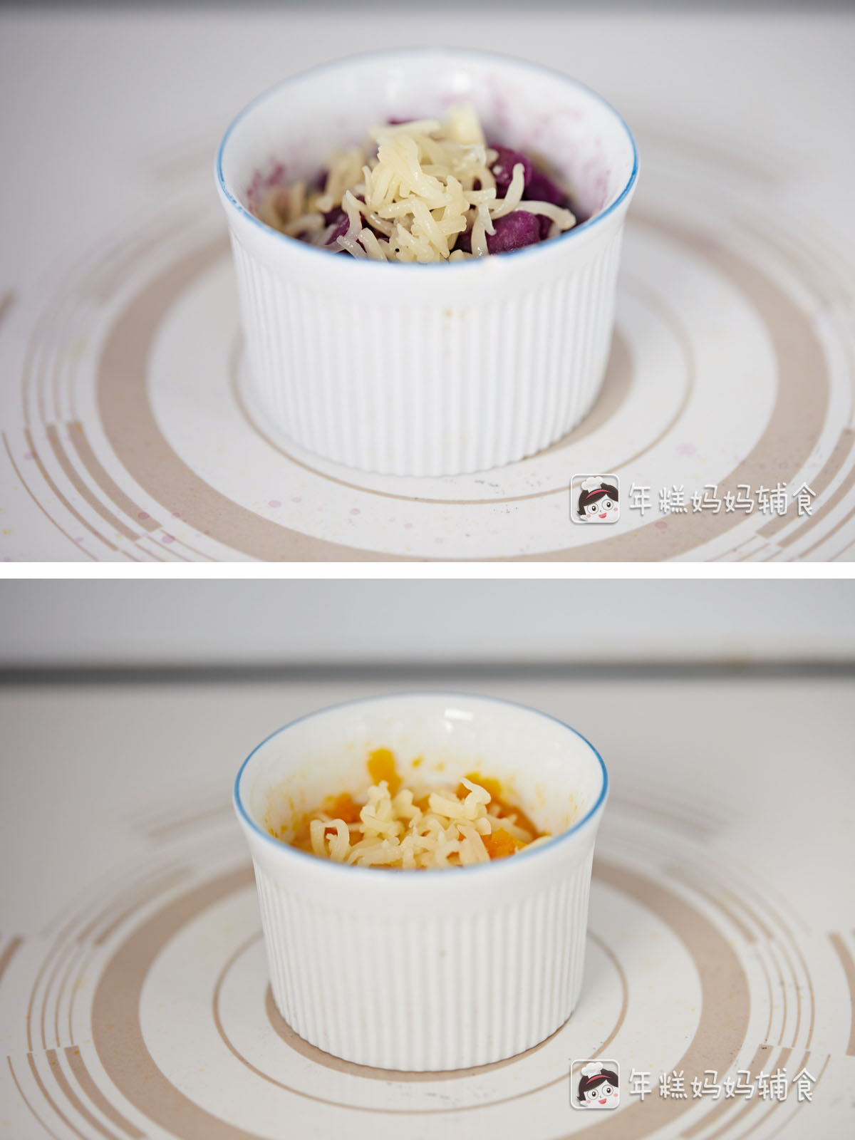 第4步：拿出容器，把南瓜块和紫薯块搅拌一下，捣成泥，加入奶酪碎，拌匀，再次放入微波炉低火转1分钟；