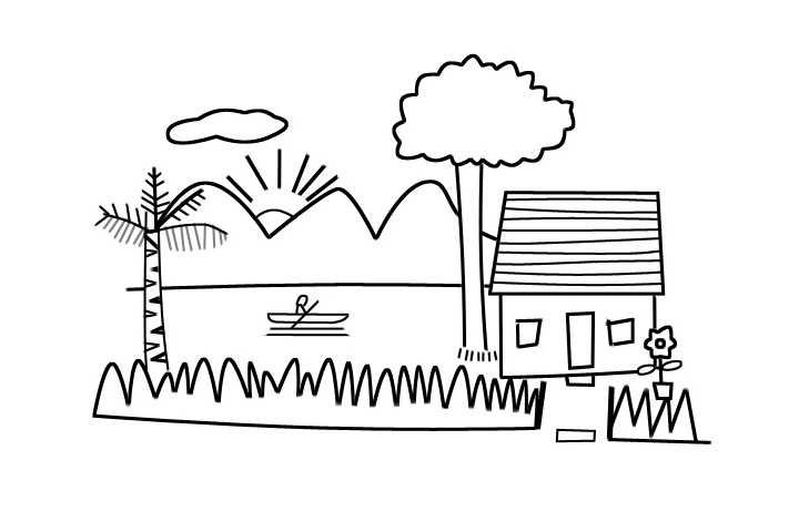 山水小屋风景简笔画图片