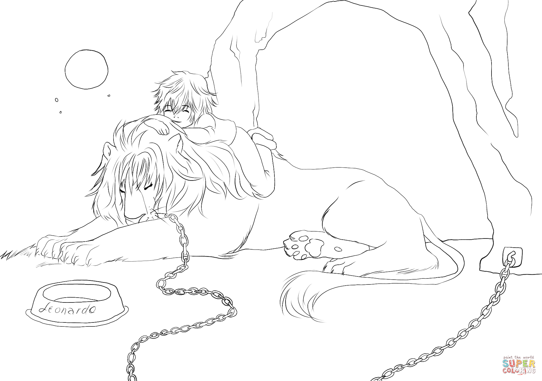 趴在狮子身上的男孩漫画图片