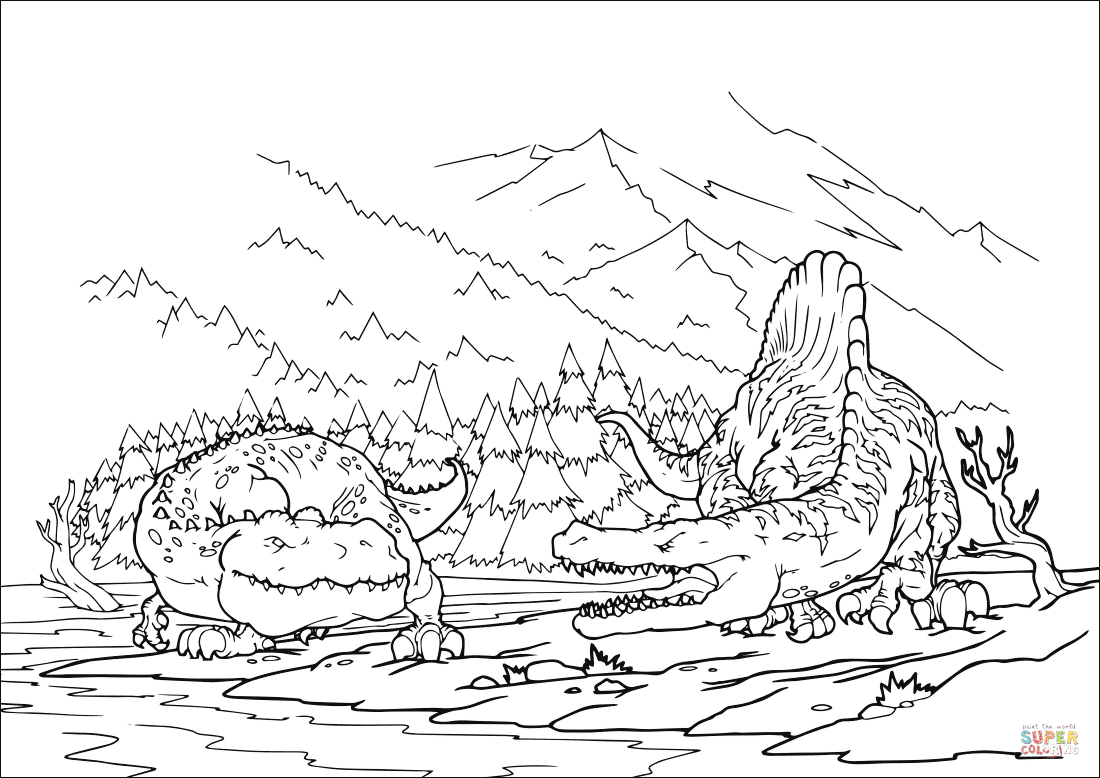 暴龙对抗棘龙简笔画