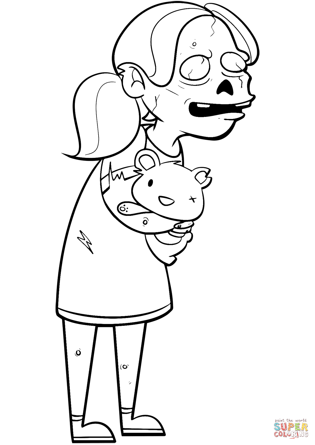 僵尸女孩和泰迪熊填色图片