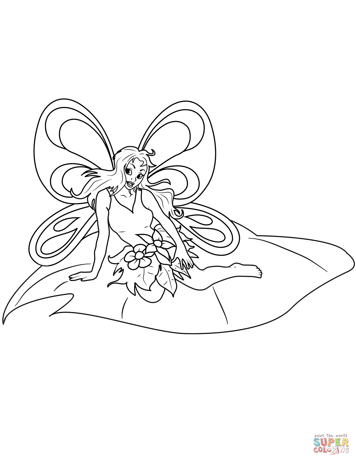 坐在叶子上的仙女填色图片