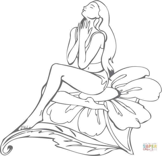 坐在花上的仙女填色图片
