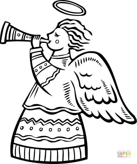 带喇叭的圣诞天使填色图片