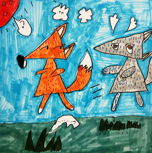 小狼和小狐狸绘画一等奖