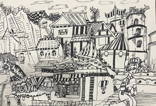 幽静的山庄绘画作品