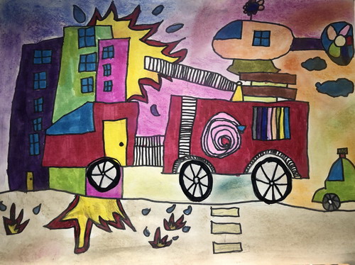 消防战车儿童绘画获奖