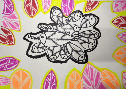 叶子与鱼儿童插画