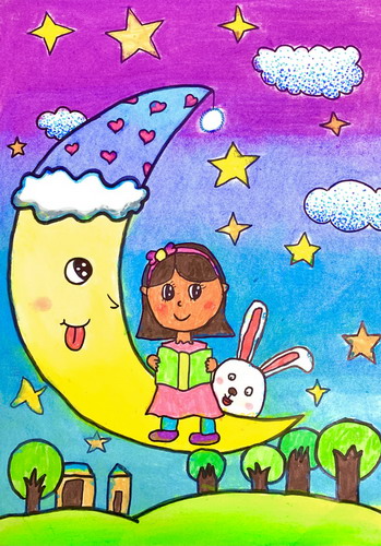 月亮女孩儿童画一等奖