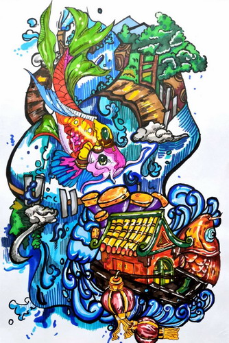 水中鲤画画作品