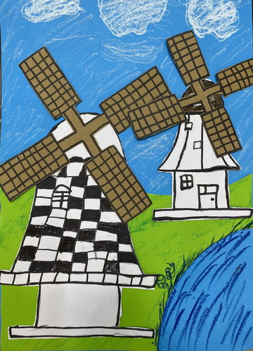 荷兰风车绘画作品
