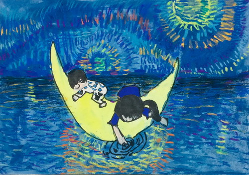 星夜下的月牙船手绘画图片