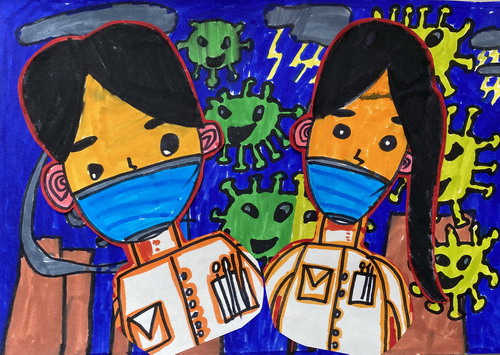 战胜病毒一年级绘画