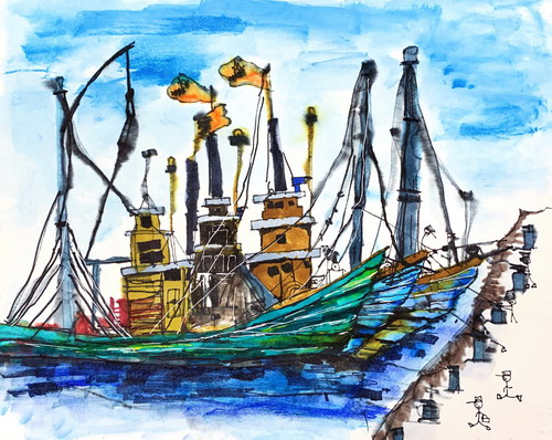 渔港泊船儿童绘画一等奖