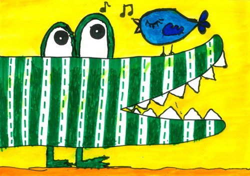 鳄鱼鸟和鳄鱼二年级绘画