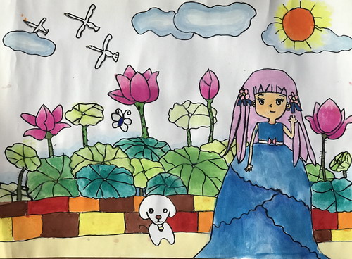 荷塘前的少女儿童插画