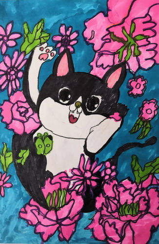 小猫与花画画作品