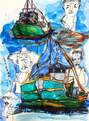老人渔海儿童画创意