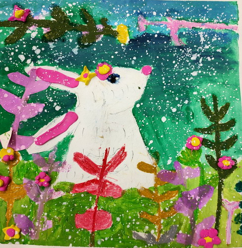 戴花的兔子幼儿园绘画