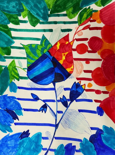 三色花儿童绘画